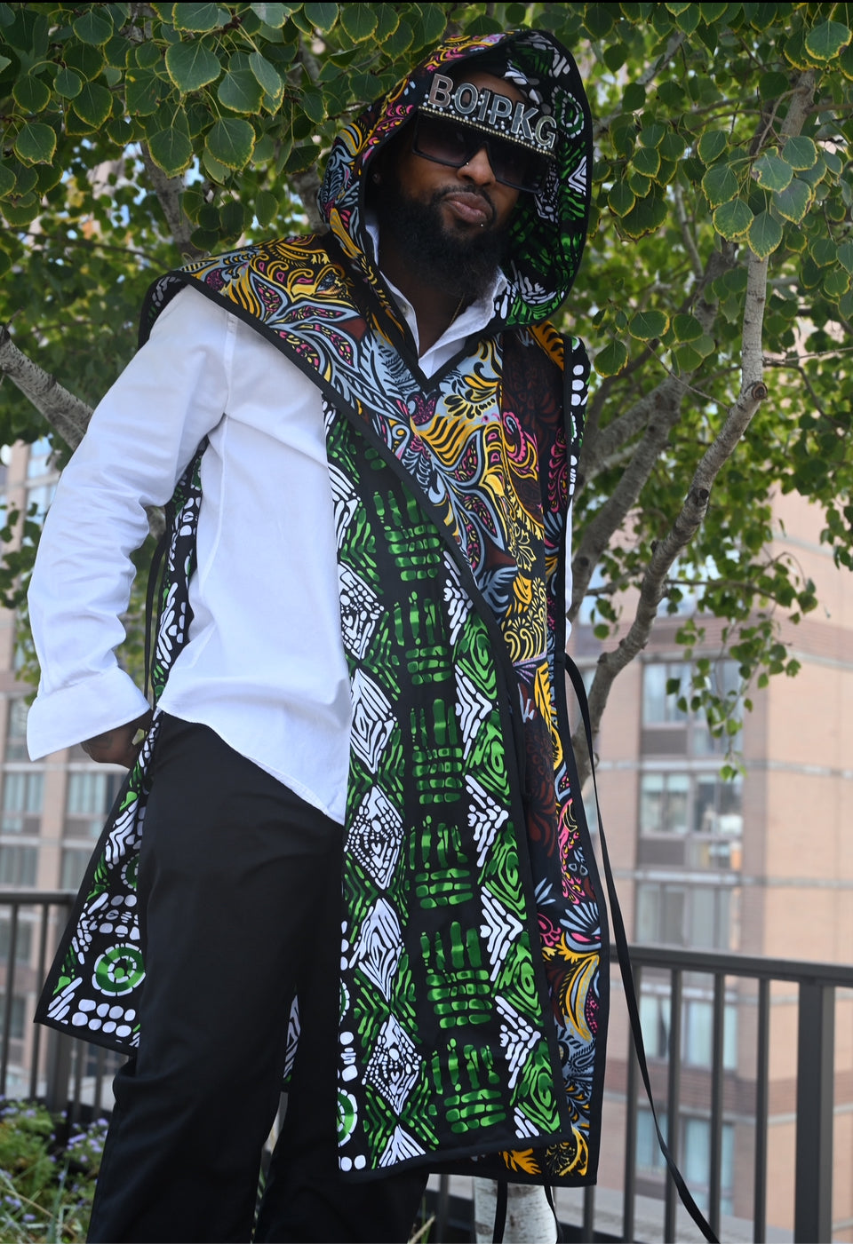 Green print Hooded Tunic with pocket Jacket