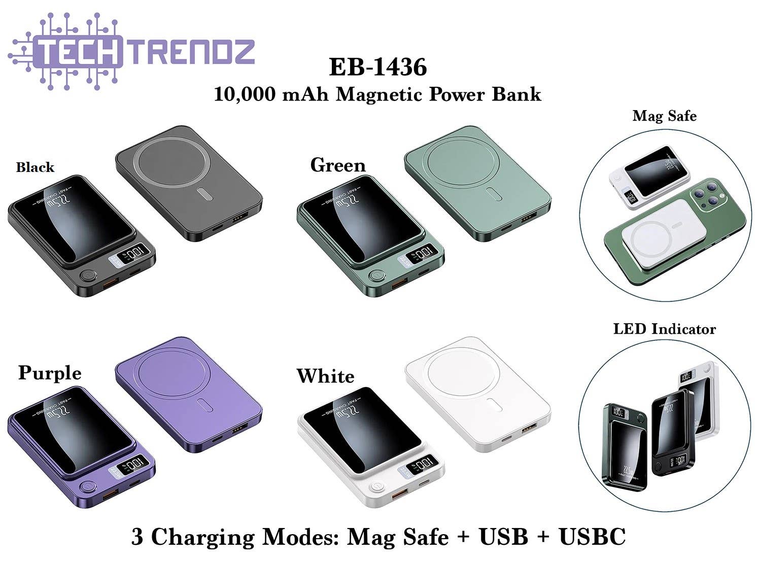 10,000 mAh Wireless Charging Power Bank: Black