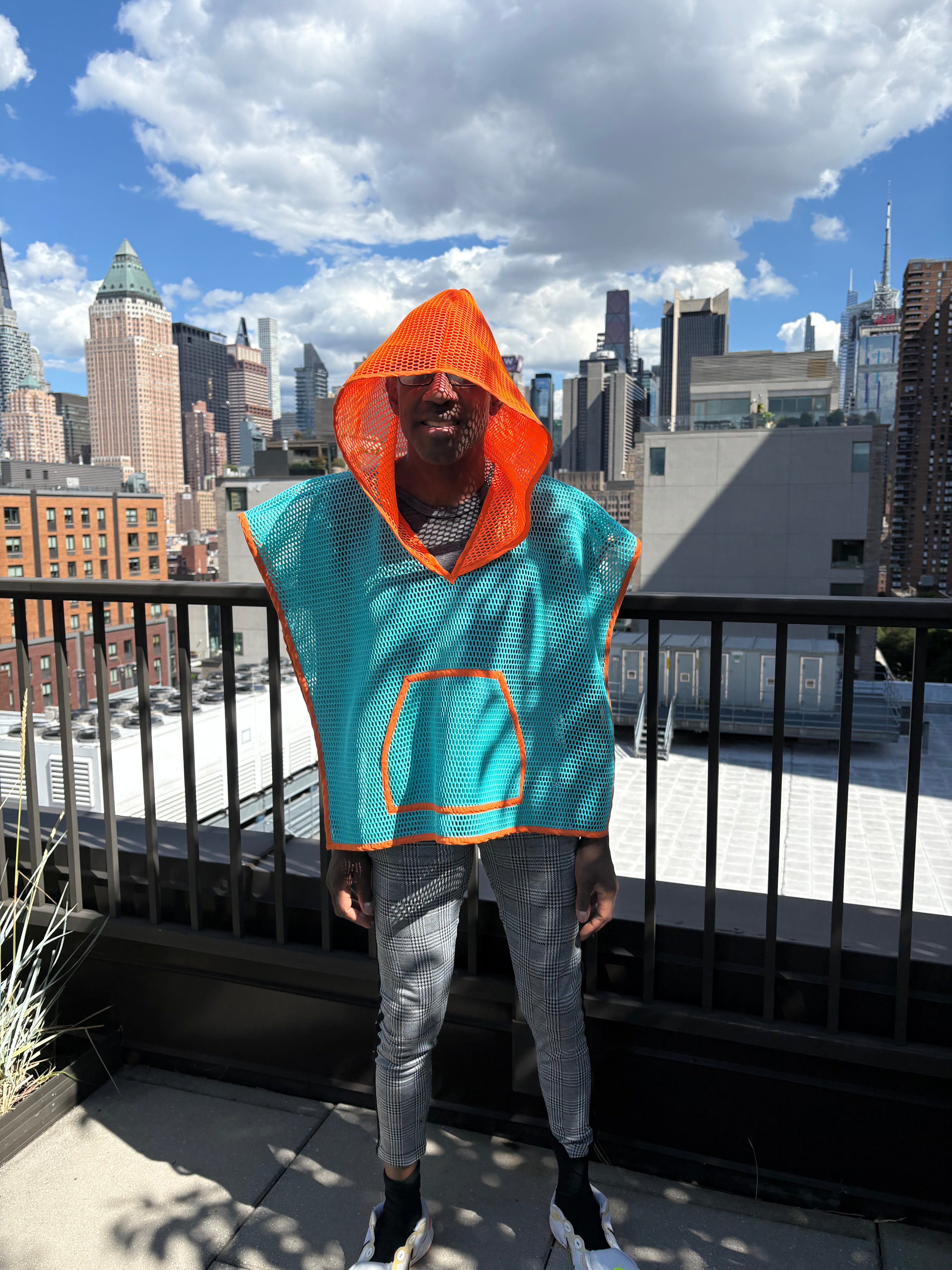 Cropped Honeycomb Mesh  Poncho with Hood and Hoodie Pocket Outerwear