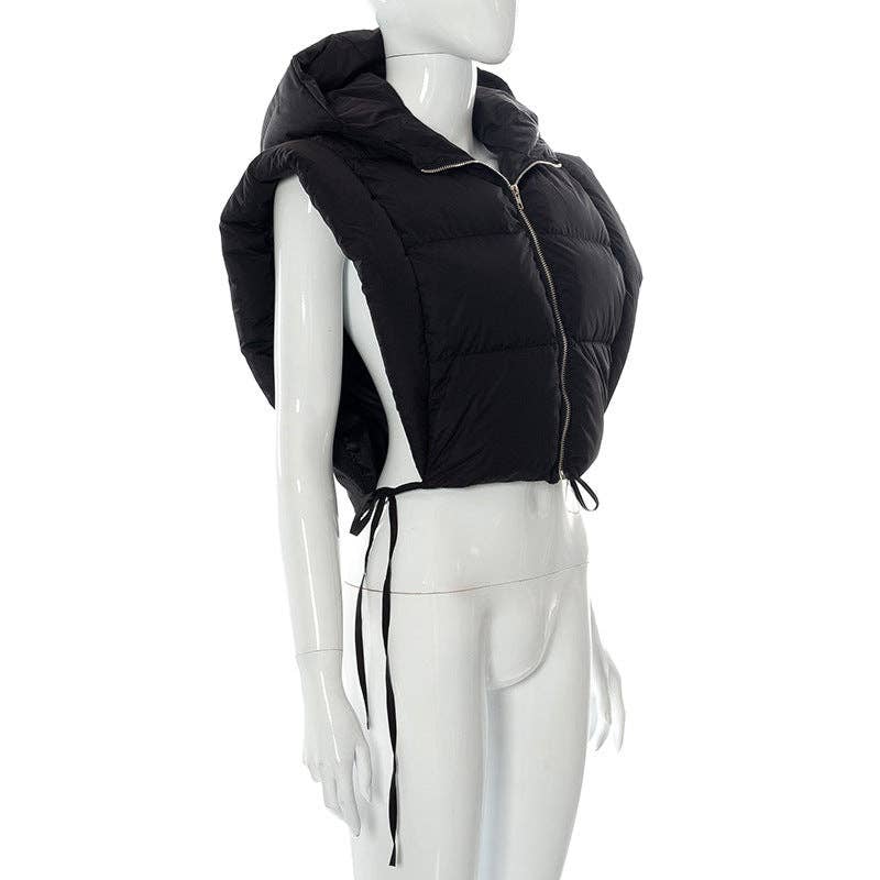 MB FASHION Cropped Puffer Vest Hood with Drawstrings 487AT: YELLOW / S