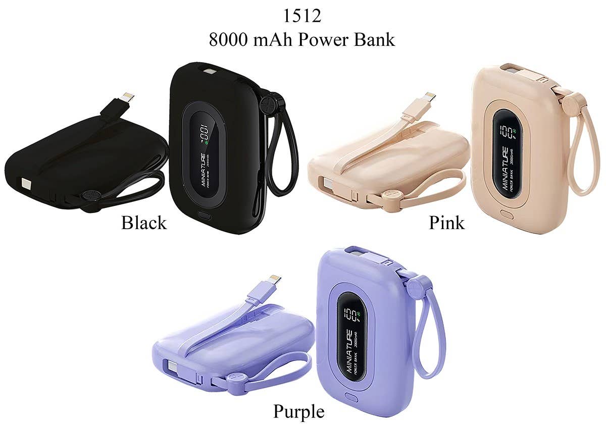 8000 mAh Power Bank w/Cables: Black