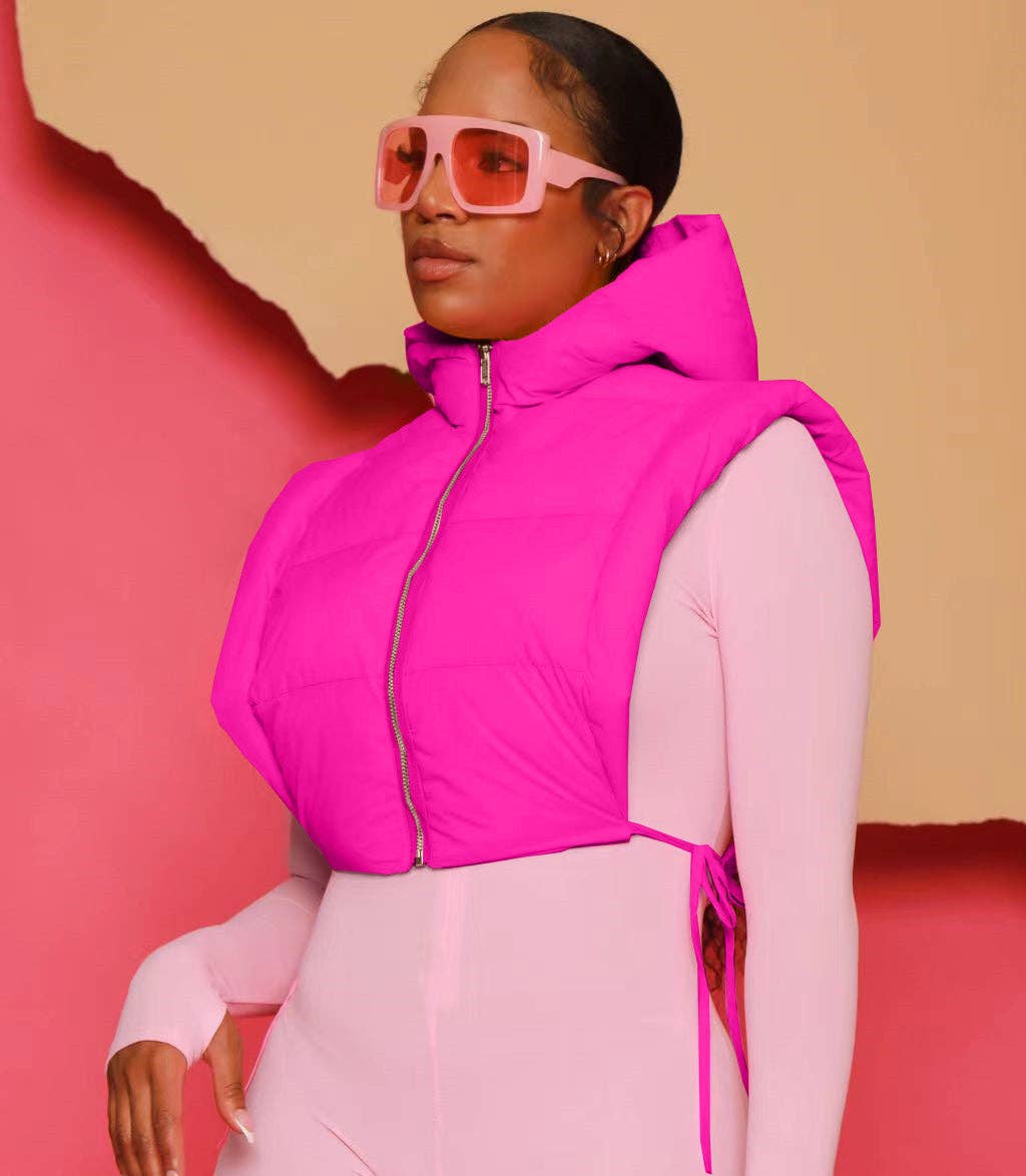 MB FASHION Cropped Puffer Vest Hood with Drawstrings 487AT: YELLOW / S