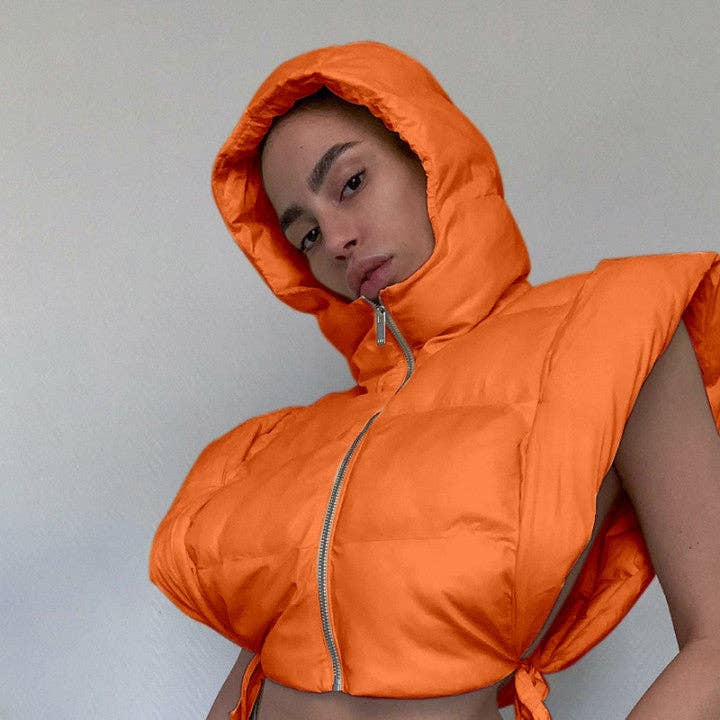 MB FASHION Cropped Puffer Vest Hood with Drawstrings 487AT: ORANGE / S