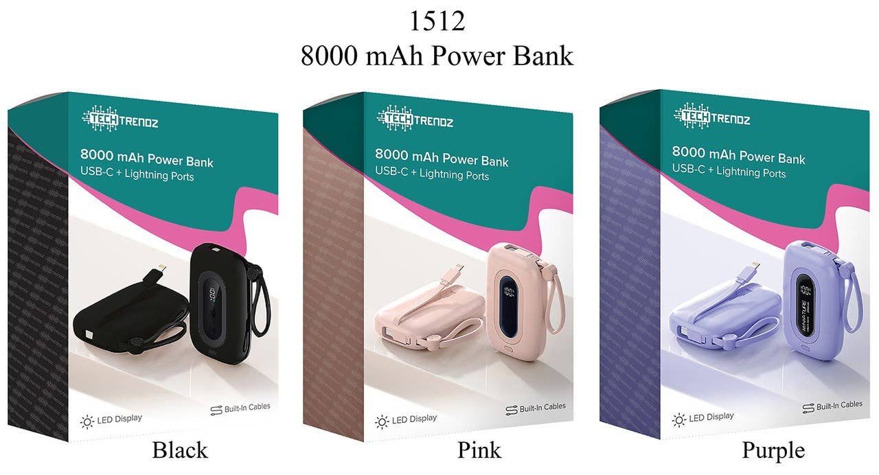 8000 mAh Power Bank w/Cables: Black