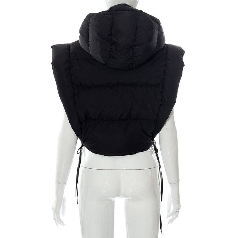 MB FASHION Cropped Puffer Vest Hood with Drawstrings 487AT: MUSTARD / S
