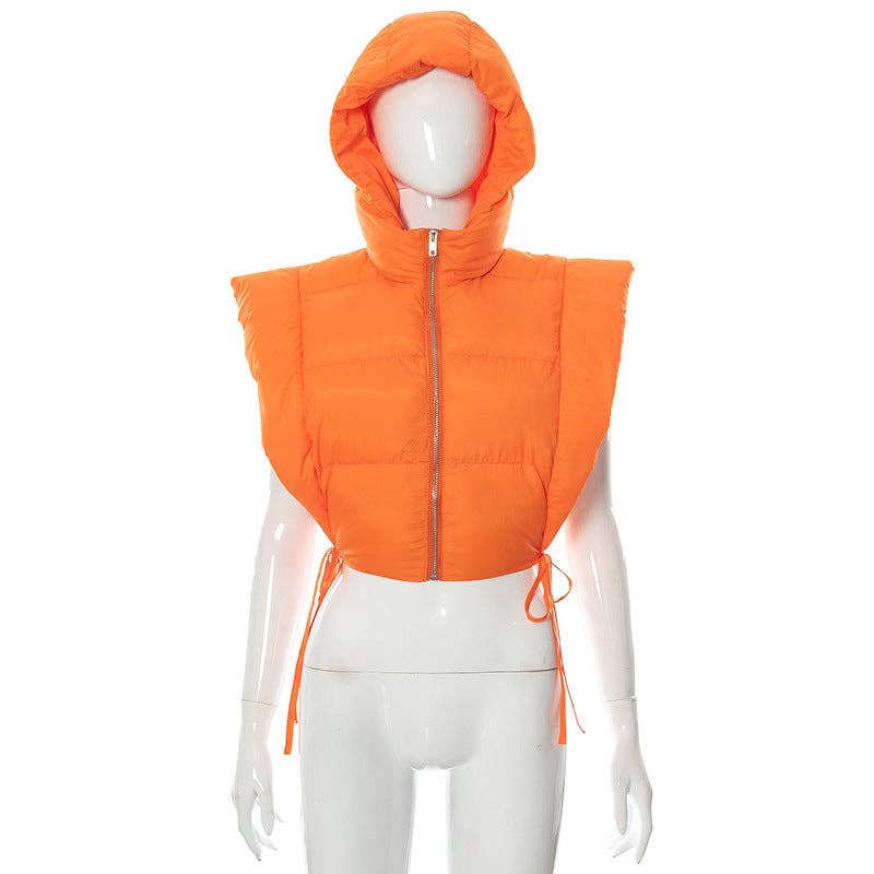 MB FASHION Cropped Puffer Vest Hood with Drawstrings 487AT: BLACK / S