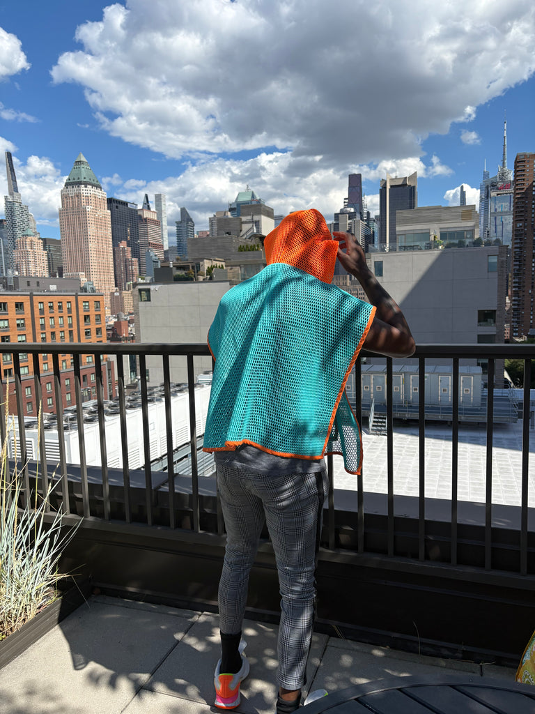 Cropped Honeycomb Mesh  Poncho with Hood and Hoodie Pocket Outerwear