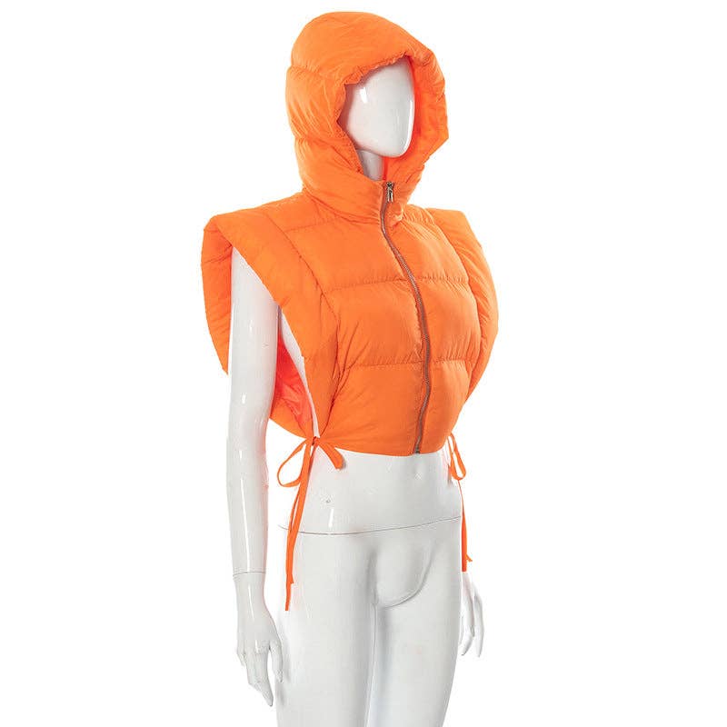 MB FASHION Cropped Puffer Vest Hood with Drawstrings 487AT: BLACK / S