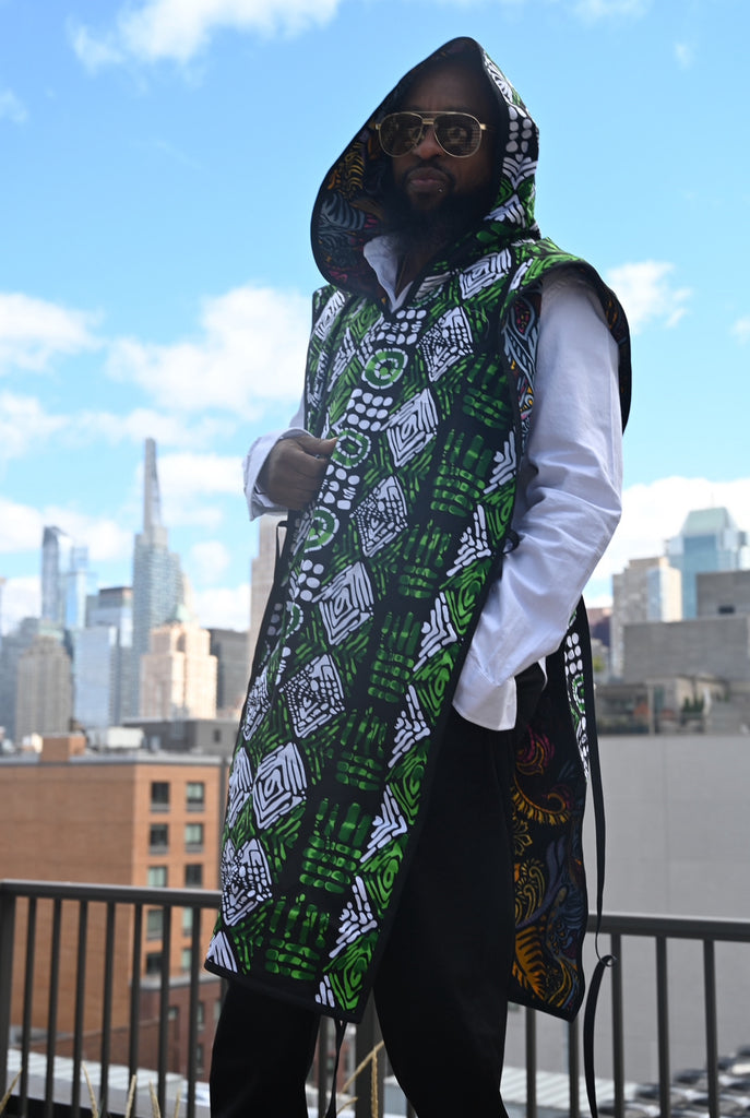 Green print Hooded Tunic with pocket Jacket