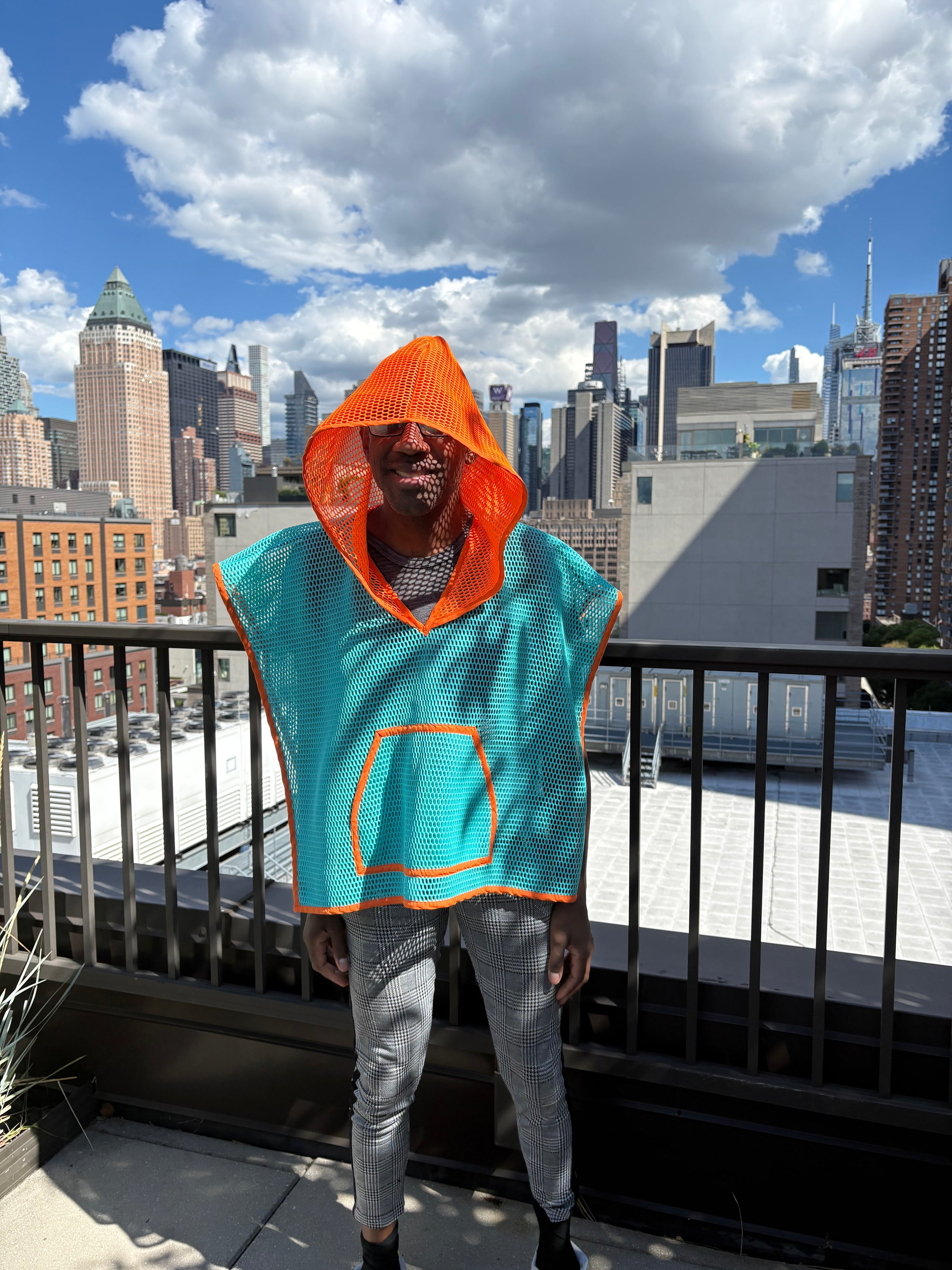 Cropped Honeycomb Mesh  Poncho with Hood and Hoodie Pocket Outerwear