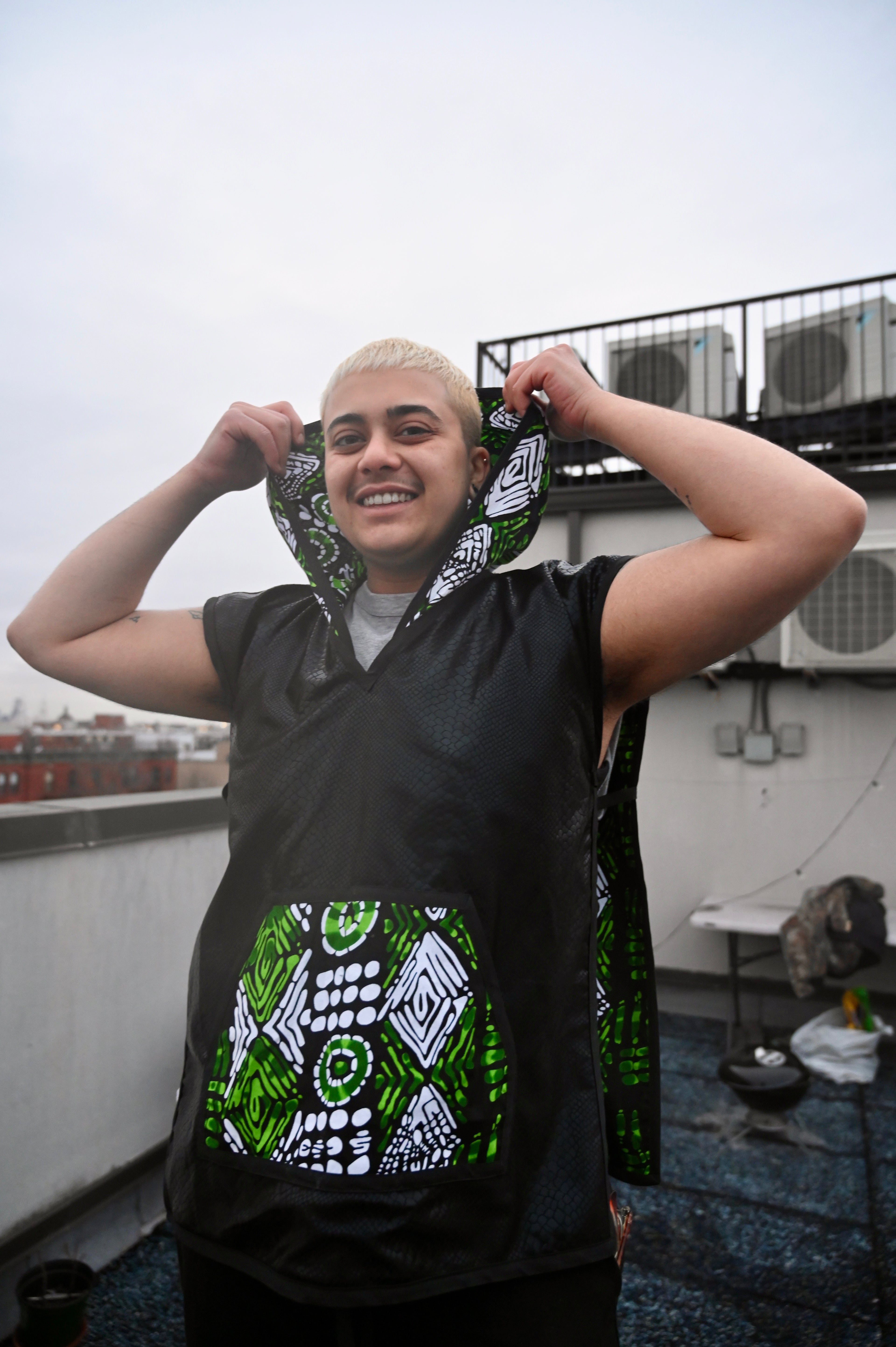 Poncho Black Snake Faux Leather Reversible Green CambodianWax Print design
