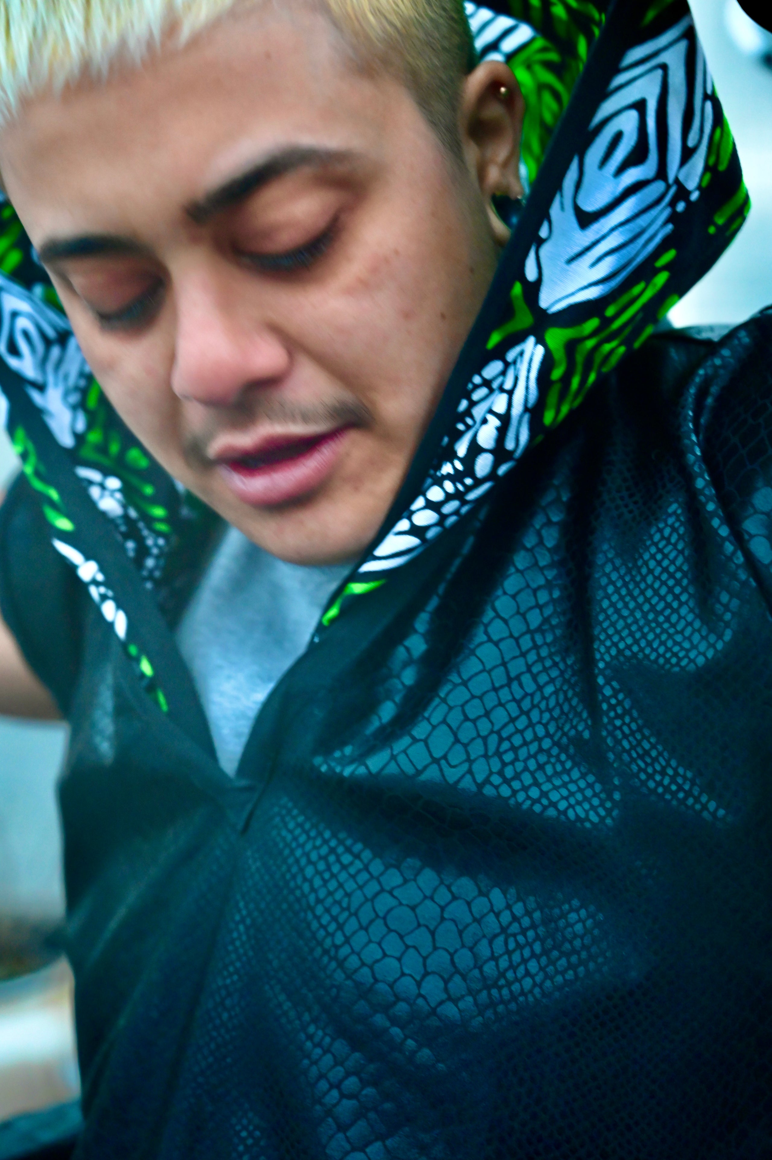 Poncho Black Snake Faux Leather Reversible Green CambodianWax Print design