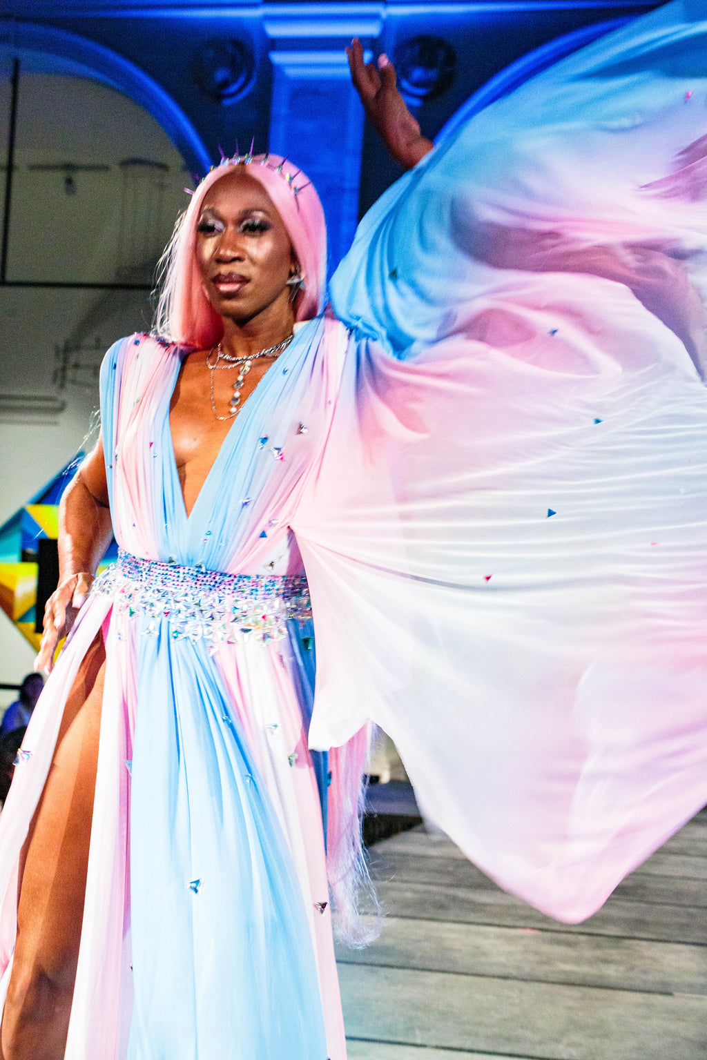 Goddess Gown Powermesh Flowing Shoulder Padded Swarovski Embedded