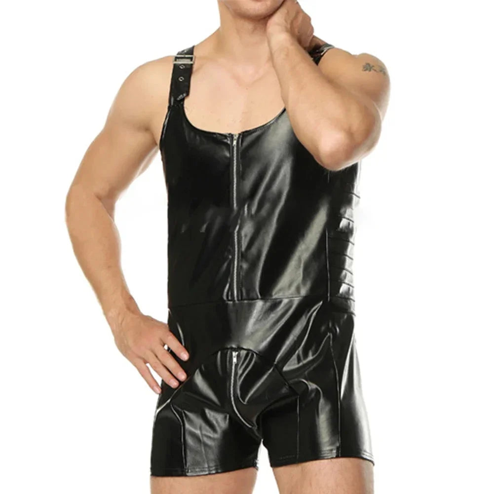 Men Faux Patent Leather Wet Look Jumpsuit Sleeveless Bodysuit Clubwear Zip Adjustable Leotard Wrestling Singlet Erotic Bodycon
