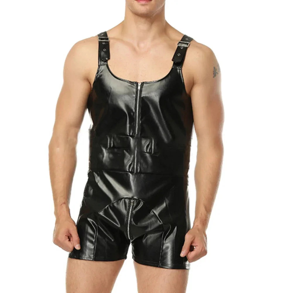 Men Faux Patent Leather Wet Look Jumpsuit Sleeveless Bodysuit Clubwear Zip Adjustable Leotard Wrestling Singlet Erotic Bodycon