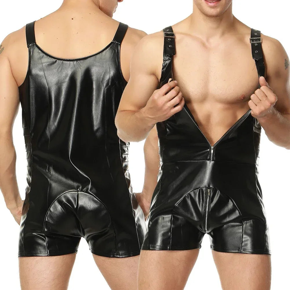 Men Faux Patent Leather Wet Look Jumpsuit Sleeveless Bodysuit Clubwear Zip Adjustable Leotard Wrestling Singlet Erotic Bodycon