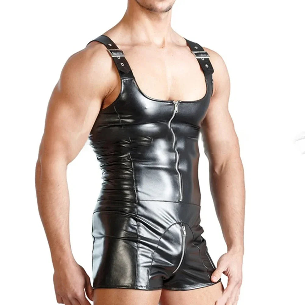 Men Faux Patent Leather Wet Look Jumpsuit Sleeveless Bodysuit Clubwear Zip Adjustable Leotard Wrestling Singlet Erotic Bodycon