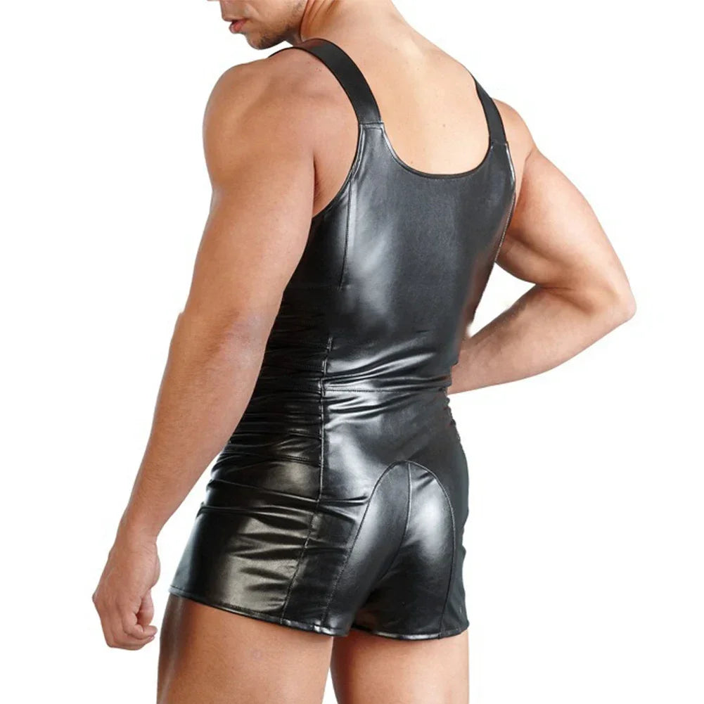Men Faux Patent Leather Wet Look Jumpsuit Sleeveless Bodysuit Clubwear Zip Adjustable Leotard Wrestling Singlet Erotic Bodycon
