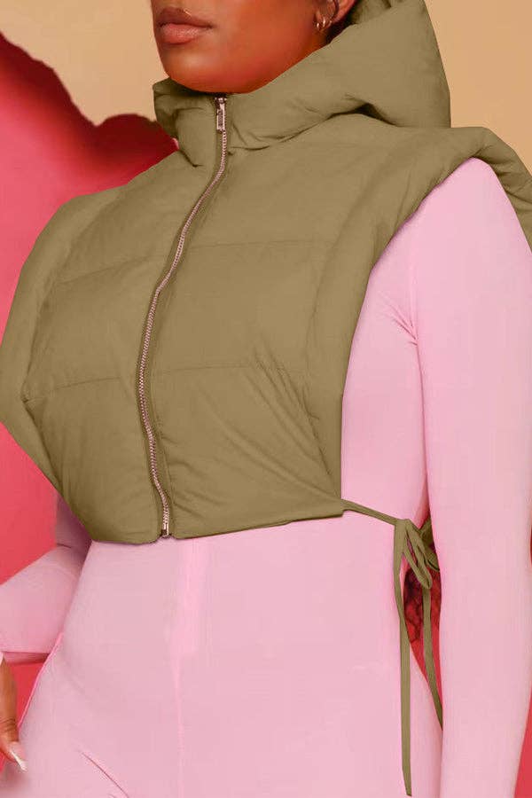 MB FASHION Cropped Puffer Vest Hood with Drawstrings 487AT: MUSTARD / S