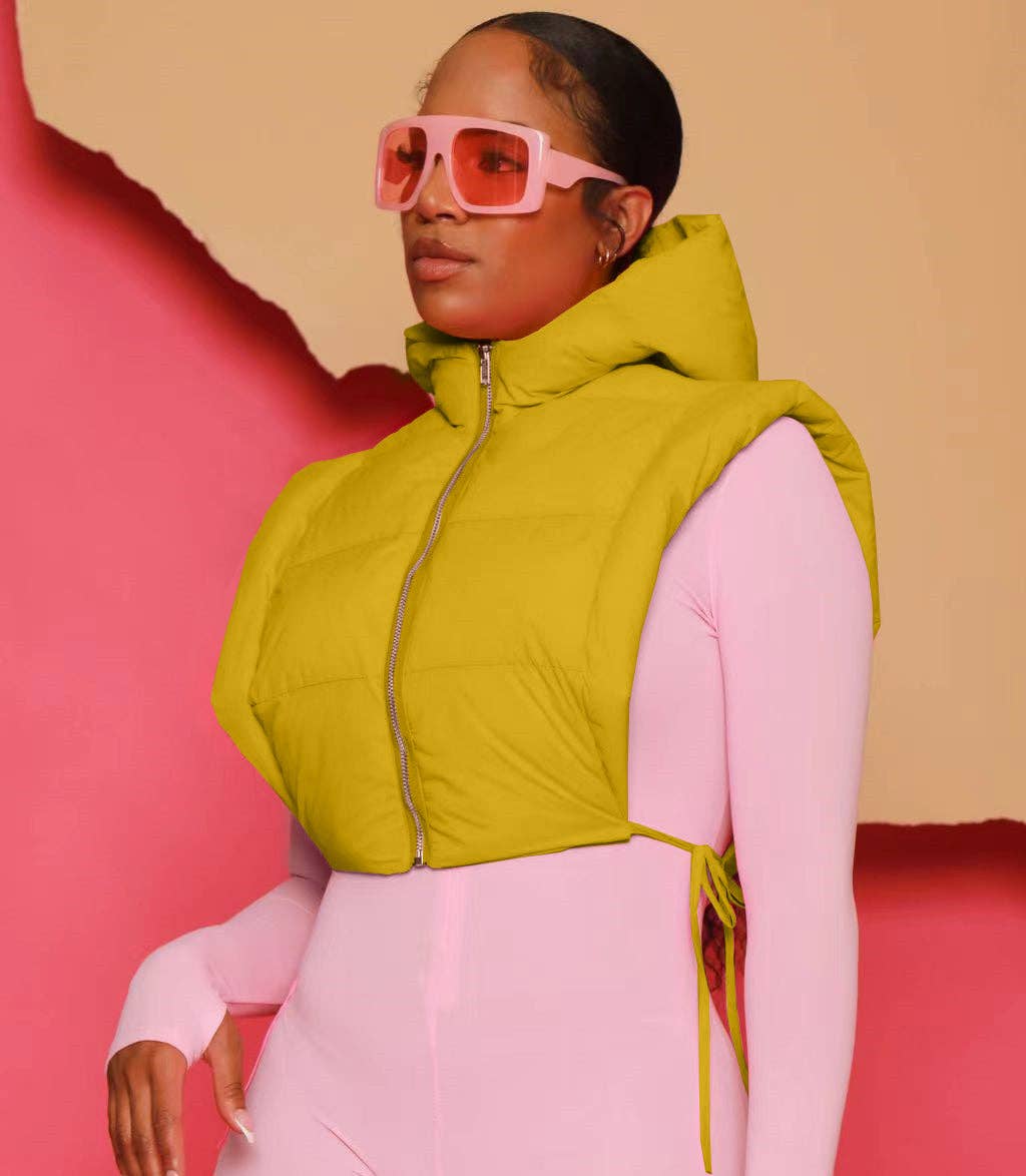 MB FASHION Cropped Puffer Vest Hood with Drawstrings 487AT: MUSTARD / S
