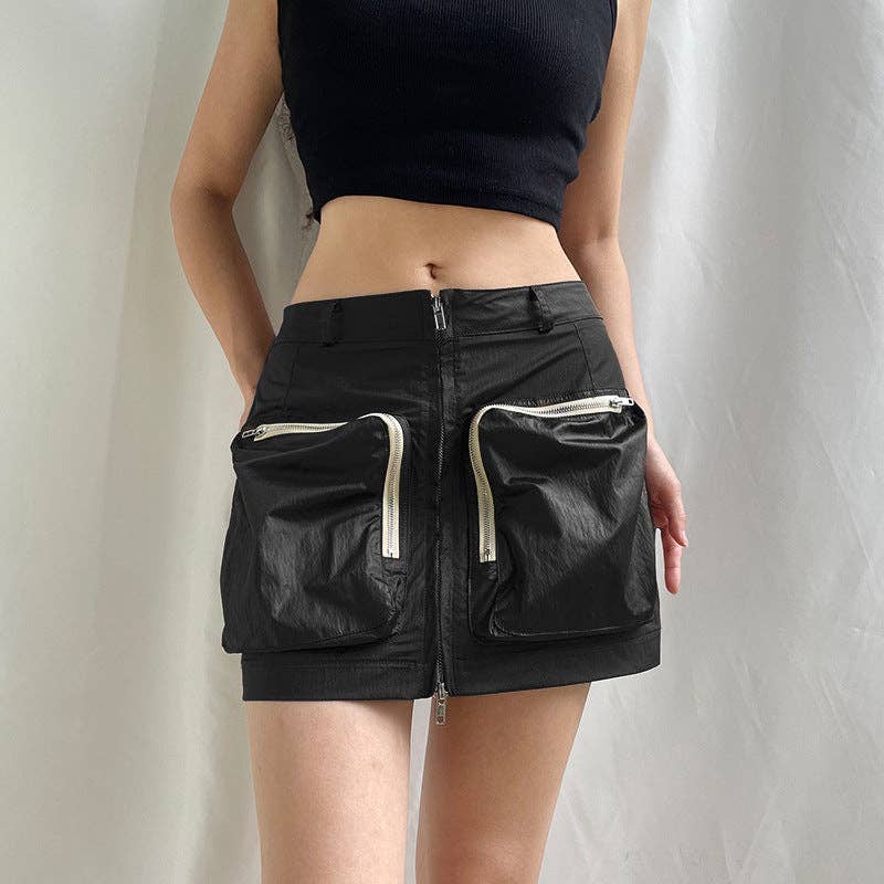 MB FASHION HIGH WAIST PACKETS SKIRT 9839LY: BLACK / XL