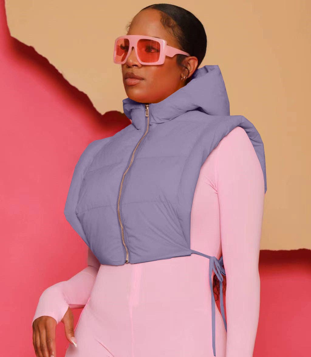 MB FASHION Cropped Puffer Vest Hood with Drawstrings 487AT: YELLOW / S