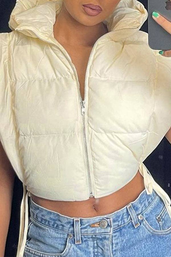 MB FASHION Cropped Puffer Vest Hood with Drawstrings 487AT: BLACK / S