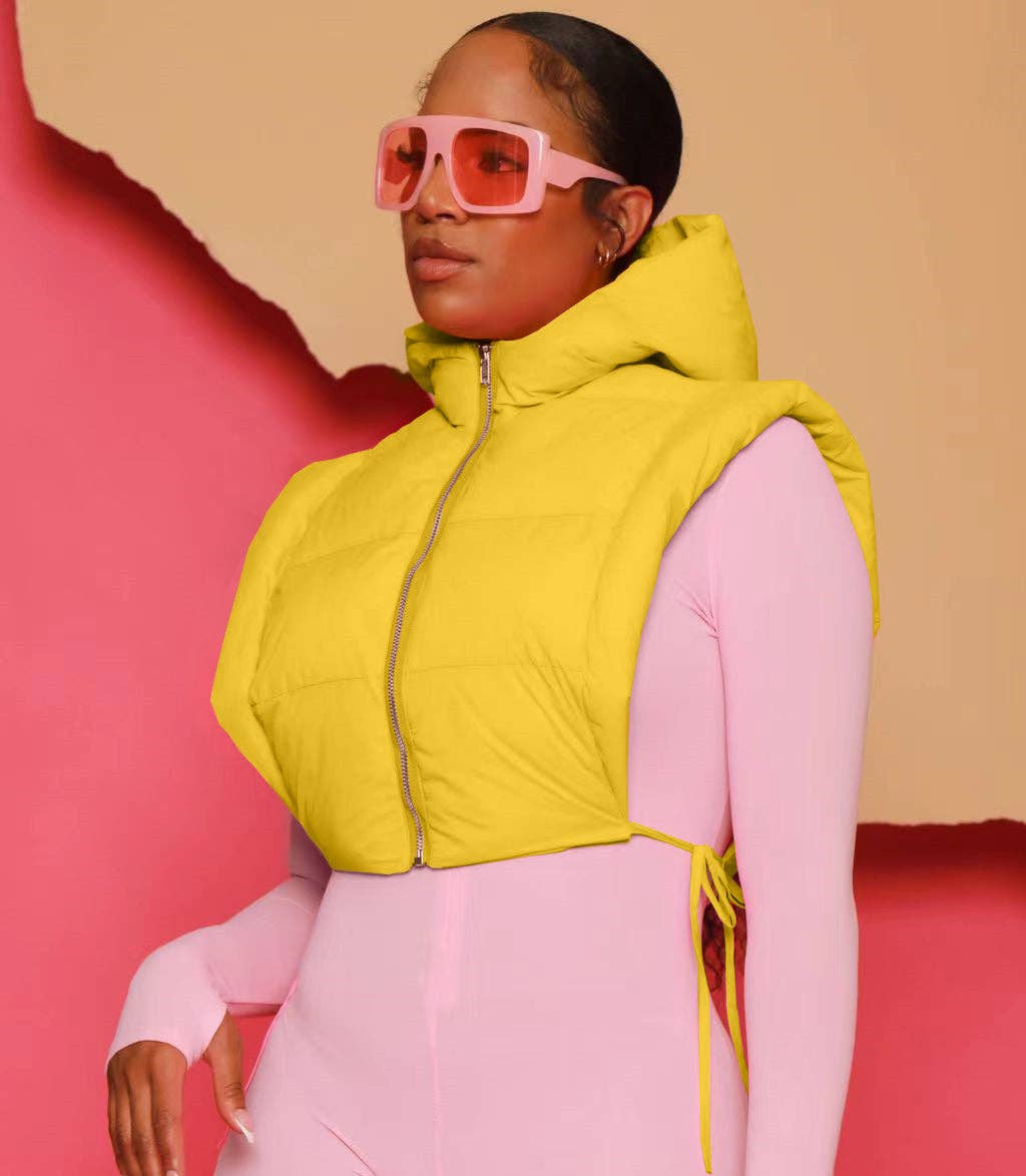 MB FASHION Cropped Puffer Vest Hood with Drawstrings 487AT: MUSTARD / S