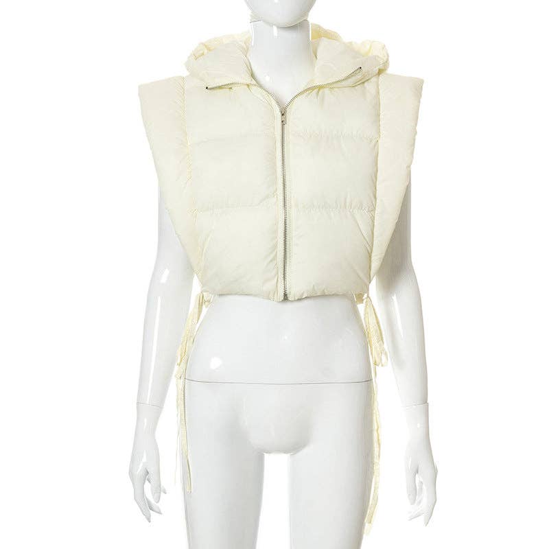 MB FASHION Cropped Puffer Vest Hood with Drawstrings 487AT: YELLOW / S