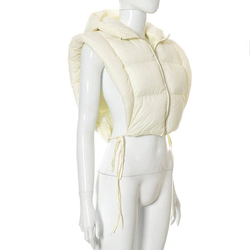MB FASHION Cropped Puffer Vest Hood with Drawstrings 487AT: MUSTARD / S