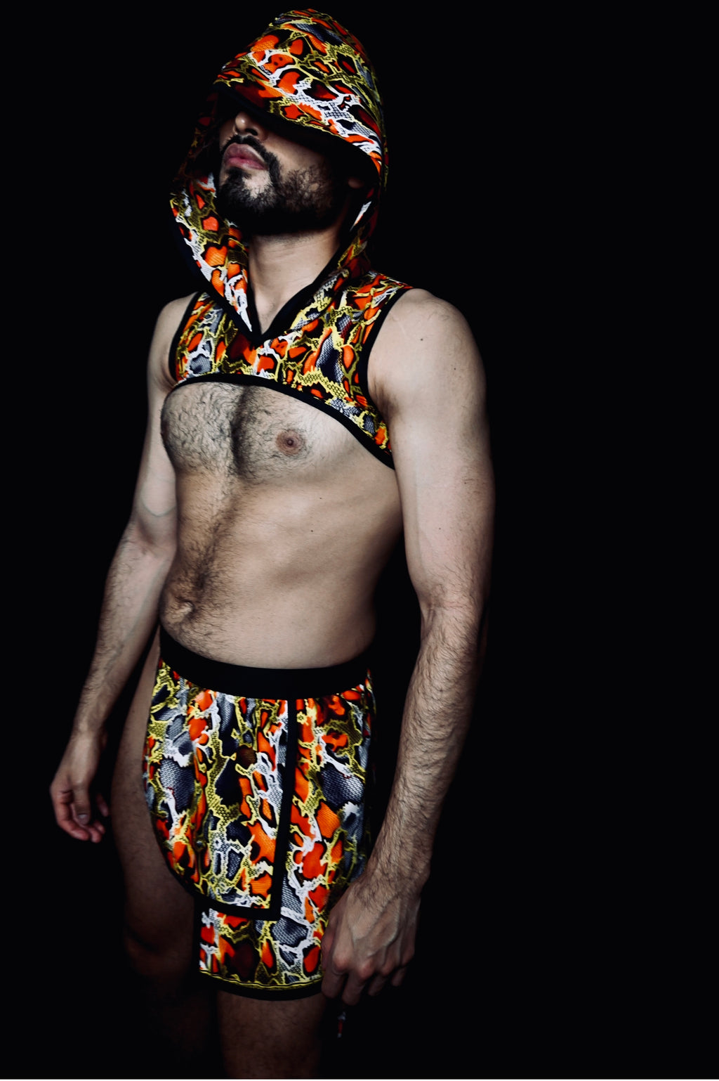 Snakeskin Print Hooded Crop Top/ Panel skirt ( sold separately )